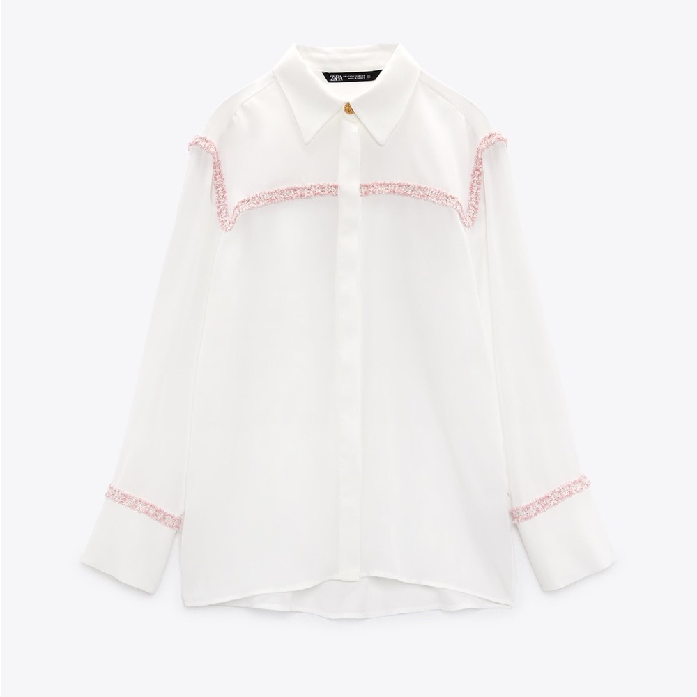 Zara White Button-Down Shirt with Pink Trim